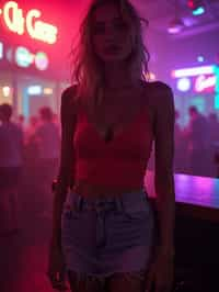 woman wearing mini skirt  in night club with neon lights