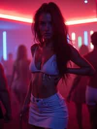 woman wearing mini skirt  in night club with neon lights