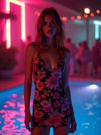 woman with hourglass figure,  in floral silk bodycon dress  at pool party with neon lights