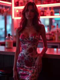 woman hourglass figure,  in floral silk bodycon dress  at cocktail bar with neon lights