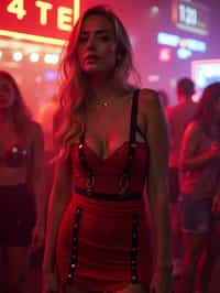 woman wearing (red bodycon dress) with (black suspenders garter straps)  in night club neon lights