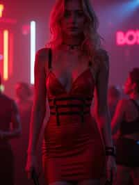 woman wearing (red bodycon dress) with (black suspenders garter straps)  in night club neon lights