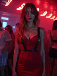 woman wearing (red bodycon dress) with (black suspenders garter straps)  in night club neon lights