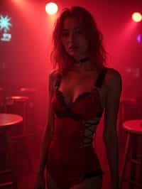 woman wearing (red bodycon dress) with (black suspenders garter straps)  in night club neon lights