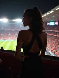 woman wearing black cut out dress   in a VIP box at a sporting event at night, capturing the thrill of live sports with nightlife