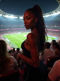 woman wearing black cut out dress   in a VIP box at a sporting event at night, capturing the thrill of live sports with nightlife