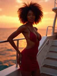 woman wearing skimpy cut out dress  at an exclusive yacht party sunset, capturing the essence of luxury and opulence