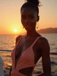 woman wearing skimpy cut out dress  at an exclusive yacht party sunset, capturing the essence of luxury and opulence