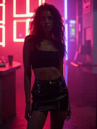 woman wearing mini skirt  in night club with neon lights