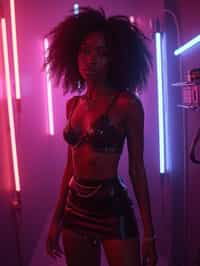 woman wearing mini skirt  in night club with neon lights