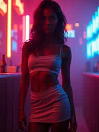 woman wearing mini skirt  in night club with neon lights