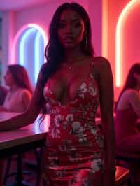 woman hourglass figure,  in floral silk bodycon dress  at cocktail bar with neon lights