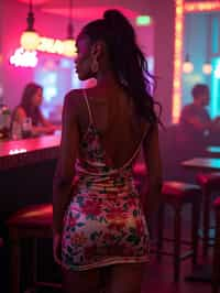 woman hourglass figure,  in floral silk bodycon dress  at cocktail bar with neon lights