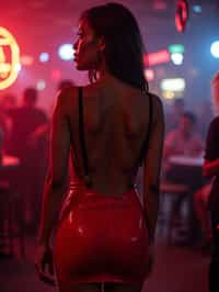 woman wearing (red bodycon dress) with (black suspenders garter straps)  in night club neon lights