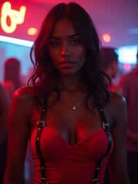 woman wearing (red bodycon dress) with (black suspenders garter straps)  in night club neon lights