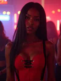 woman wearing (red bodycon dress) with (black suspenders garter straps)  in night club neon lights