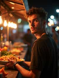 man at a pop-up food market at night, combining the love for street food with nightlife