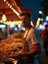 man at a pop-up food market at night, combining the love for street food with nightlife