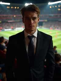 man wearing   black suit in a VIP box at a sporting event at night, capturing the thrill of live sports with nightlife