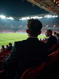 man wearing   black suit in a VIP box at a sporting event at night, capturing the thrill of live sports with nightlife