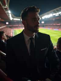 man wearing   black suit in a VIP box at a sporting event at night, capturing the thrill of live sports with nightlife