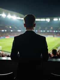 man wearing   black suit in a VIP box at a sporting event at night, capturing the thrill of live sports with nightlife