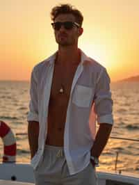 man wearing  shirt and swim shorts at an exclusive yacht party sunset, capturing the essence of luxury and opulence