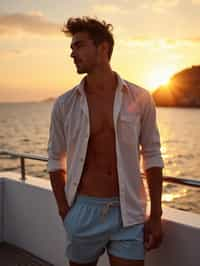 man wearing  shirt and swim shorts at an exclusive yacht party sunset, capturing the essence of luxury and opulence