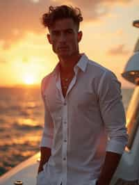 man wearing  shirt and swim shorts at an exclusive yacht party sunset, capturing the essence of luxury and opulence