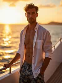 man wearing  shirt and swim shorts at an exclusive yacht party sunset, capturing the essence of luxury and opulence