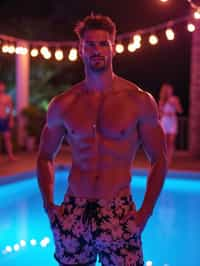 man , fit body in floral silk  swim shorts and shirtless at pool party with neon lights