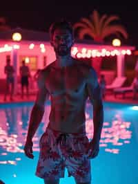 man , fit body in floral silk  swim shorts and shirtless at pool party with neon lights