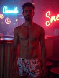 man , fit body in floral silk  swim shorts and shirtless at cocktail bar with neon lights