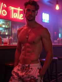 man , fit body in floral silk  swim shorts and shirtless at cocktail bar with neon lights