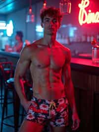 man , fit body in floral silk  swim shorts and shirtless at cocktail bar with neon lights