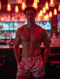 man , fit body in floral silk  swim shorts and shirtless at cocktail bar with neon lights