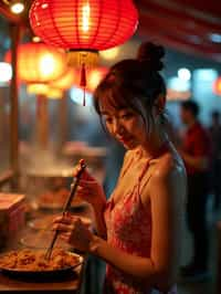 woman at a pop-up food market at night, combining the love for street food with nightlife