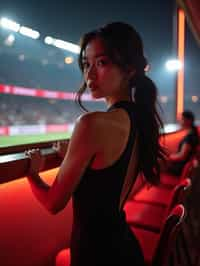 woman wearing black cut out dress   in a VIP box at a sporting event at night, capturing the thrill of live sports with nightlife