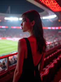 woman wearing black cut out dress   in a VIP box at a sporting event at night, capturing the thrill of live sports with nightlife