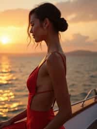 woman wearing skimpy cut out dress  at an exclusive yacht party sunset, capturing the essence of luxury and opulence