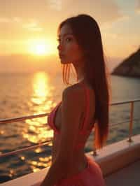 woman wearing skimpy cut out dress  at an exclusive yacht party sunset, capturing the essence of luxury and opulence