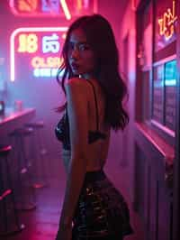 woman wearing mini skirt  in night club with neon lights