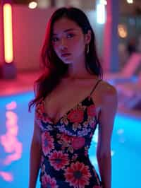 woman with hourglass figure,  in floral silk bodycon dress  at pool party with neon lights