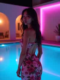 woman with hourglass figure,  in floral silk bodycon dress  at pool party with neon lights