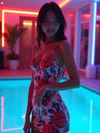 woman with hourglass figure,  in floral silk bodycon dress  at pool party with neon lights