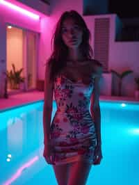 woman with hourglass figure,  in floral silk bodycon dress  at pool party with neon lights