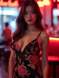 woman hourglass figure,  in floral silk bodycon dress  at cocktail bar with neon lights