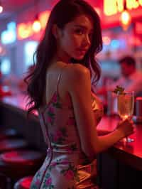 woman hourglass figure,  in floral silk bodycon dress  at cocktail bar with neon lights