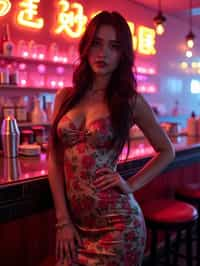 woman hourglass figure,  in floral silk bodycon dress  at cocktail bar with neon lights