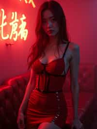 woman wearing (red bodycon dress) with (black suspenders garter straps)  in night club neon lights